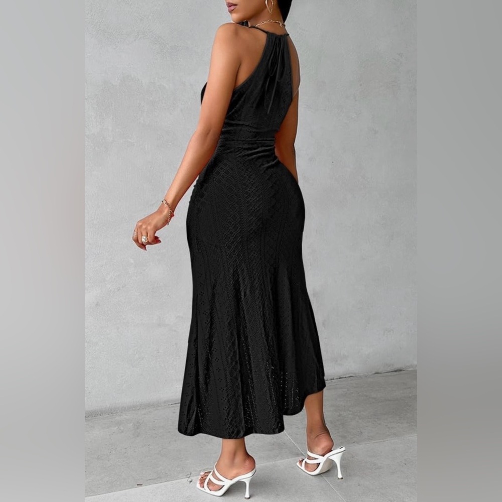 CHICME Halter Dress Hollow Out A Line with Eyelet Embroidery & Side Slit Plus - Picture 3 of 12